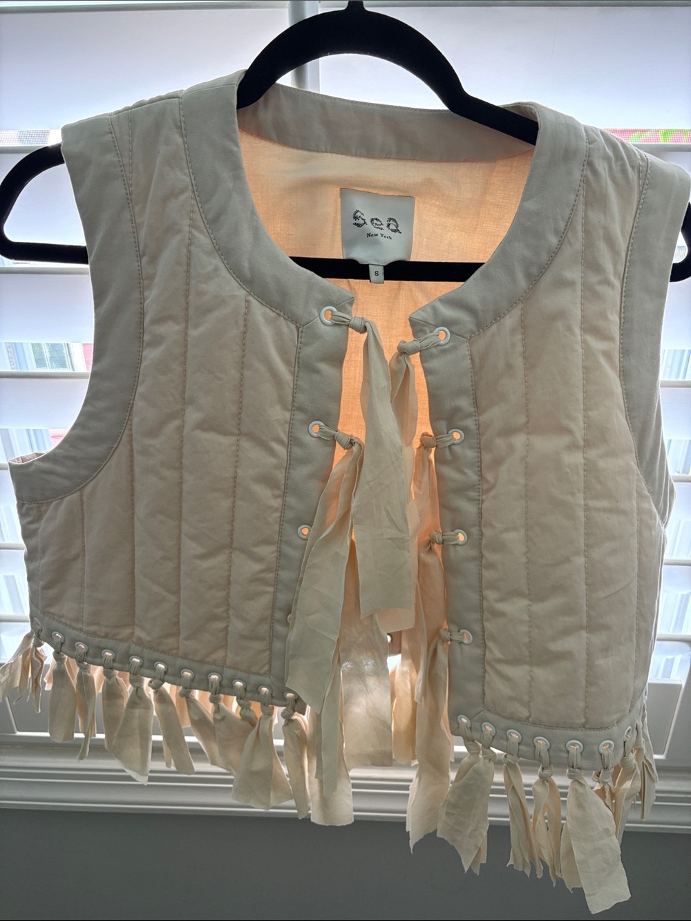 Sea Cream Quilted Fringe Tie-Front Vest